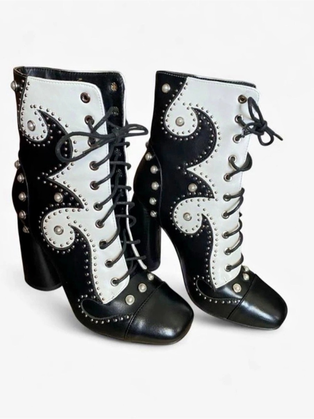 Azalea Wang Studded Color Block Heeled Boots in Black & White